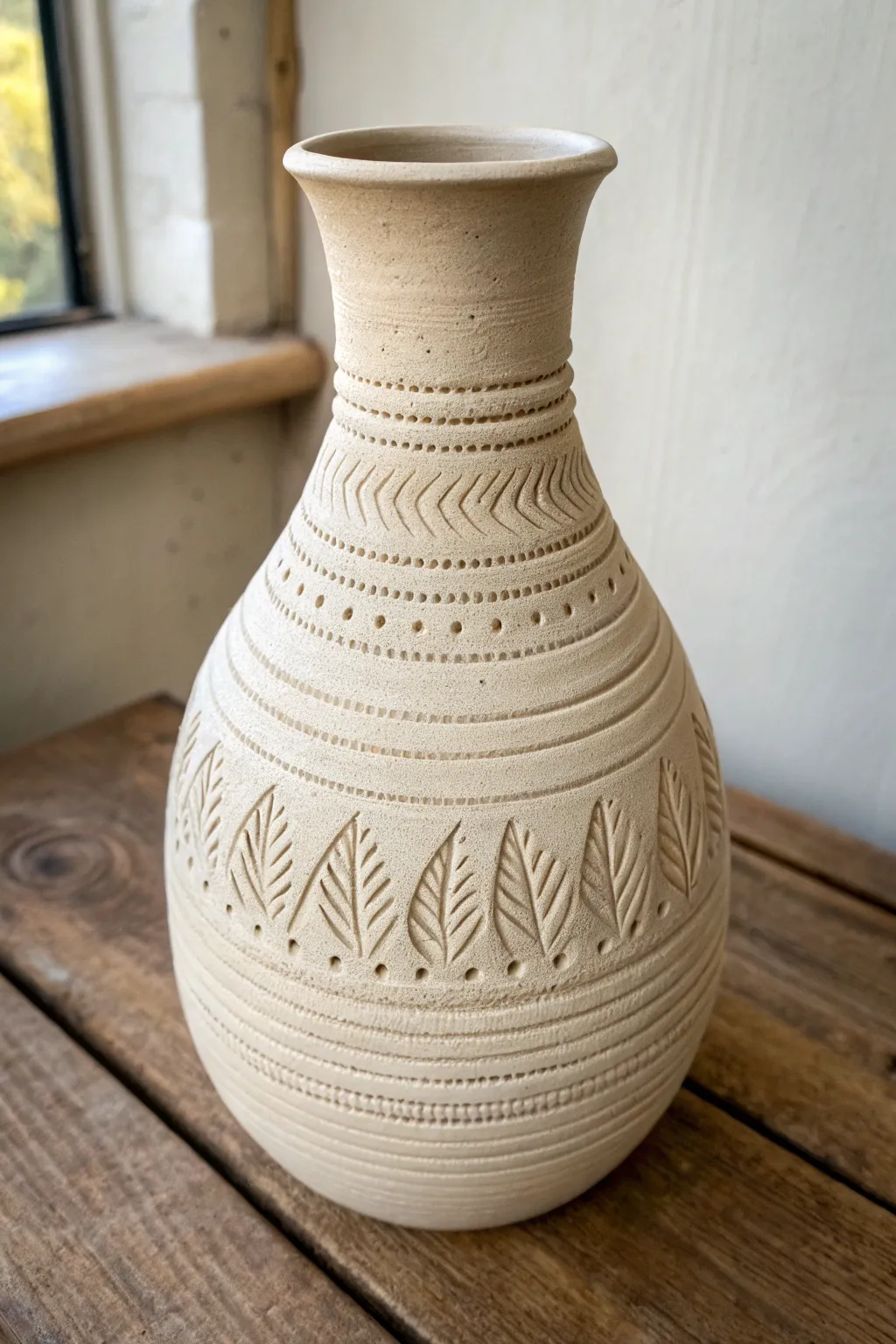 Coil-built vase with simple sgraffito bands carved between ridges for soft rhythmic texture.