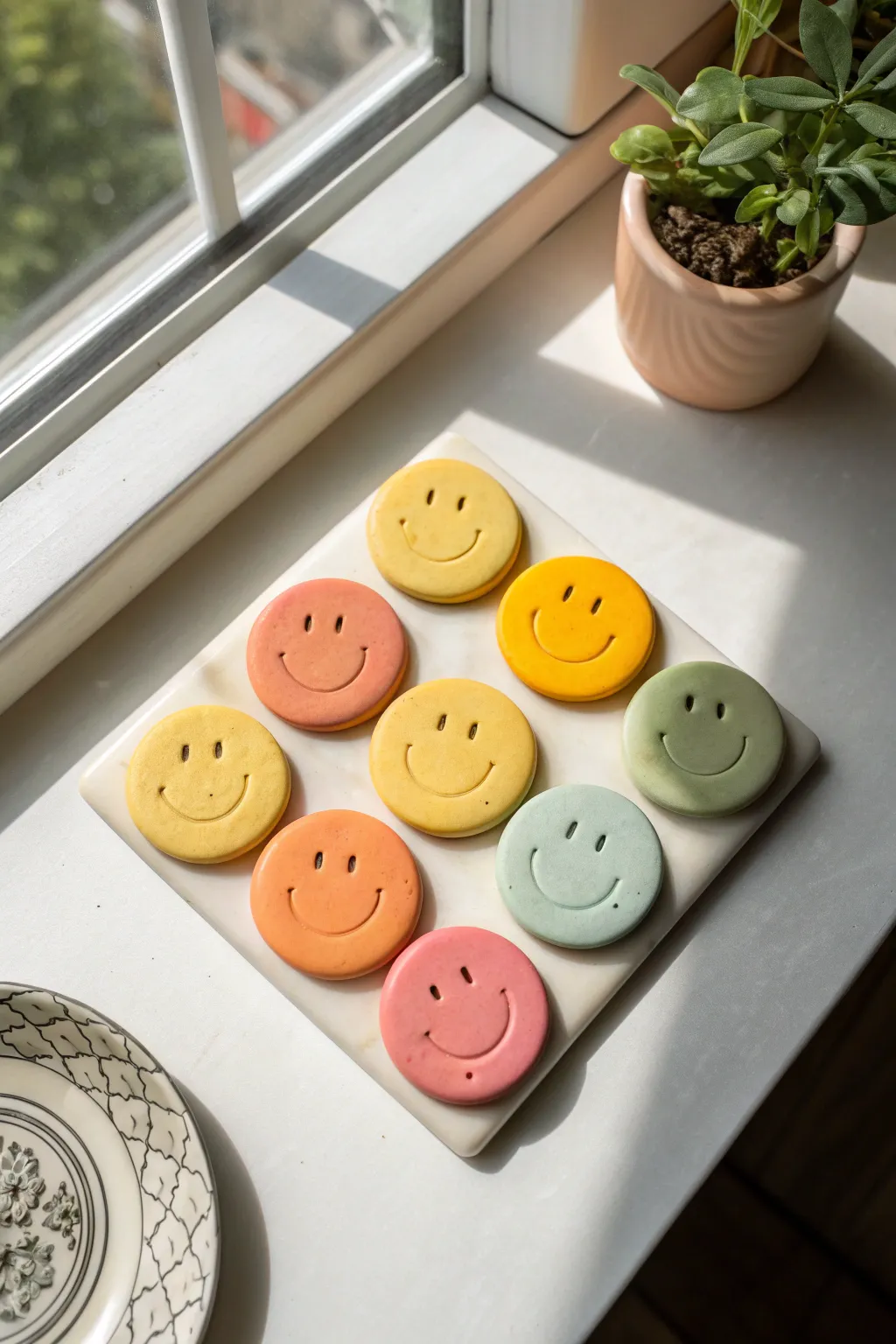 Bright handmade smiley clay magnets in bold colors for a cheerful minimalist kitchen pop.