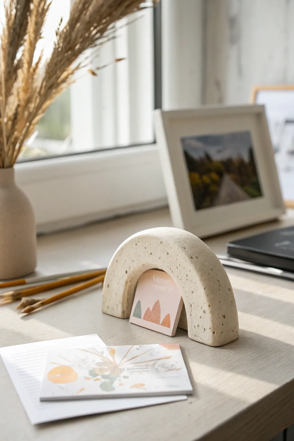 Minimal clay photo holder with abstract print, styled on a clean Scandinavian desk in soft light.