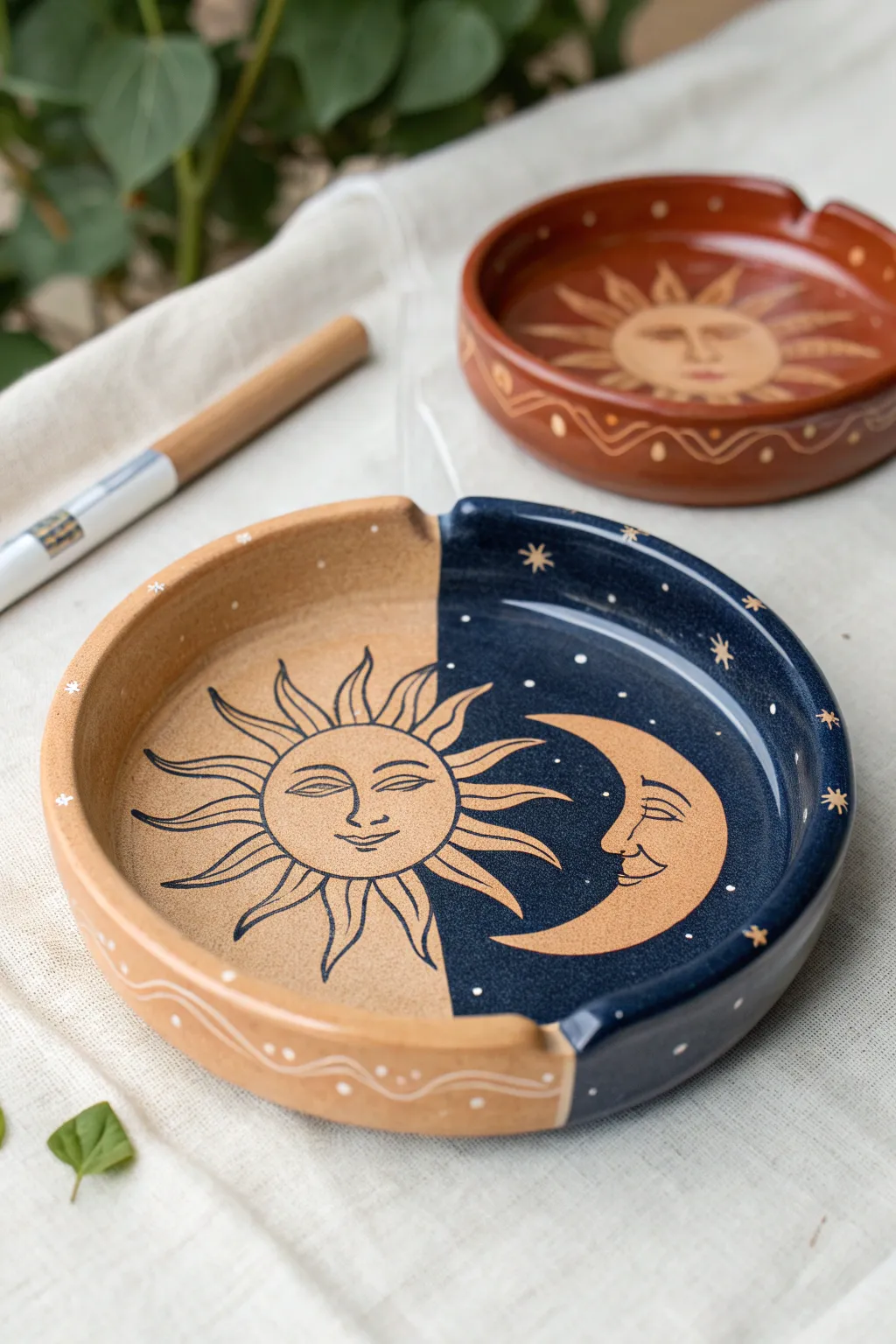 Sun and moon clay ashtray with glossy finish, minimalist day-night contrast and handmade charm