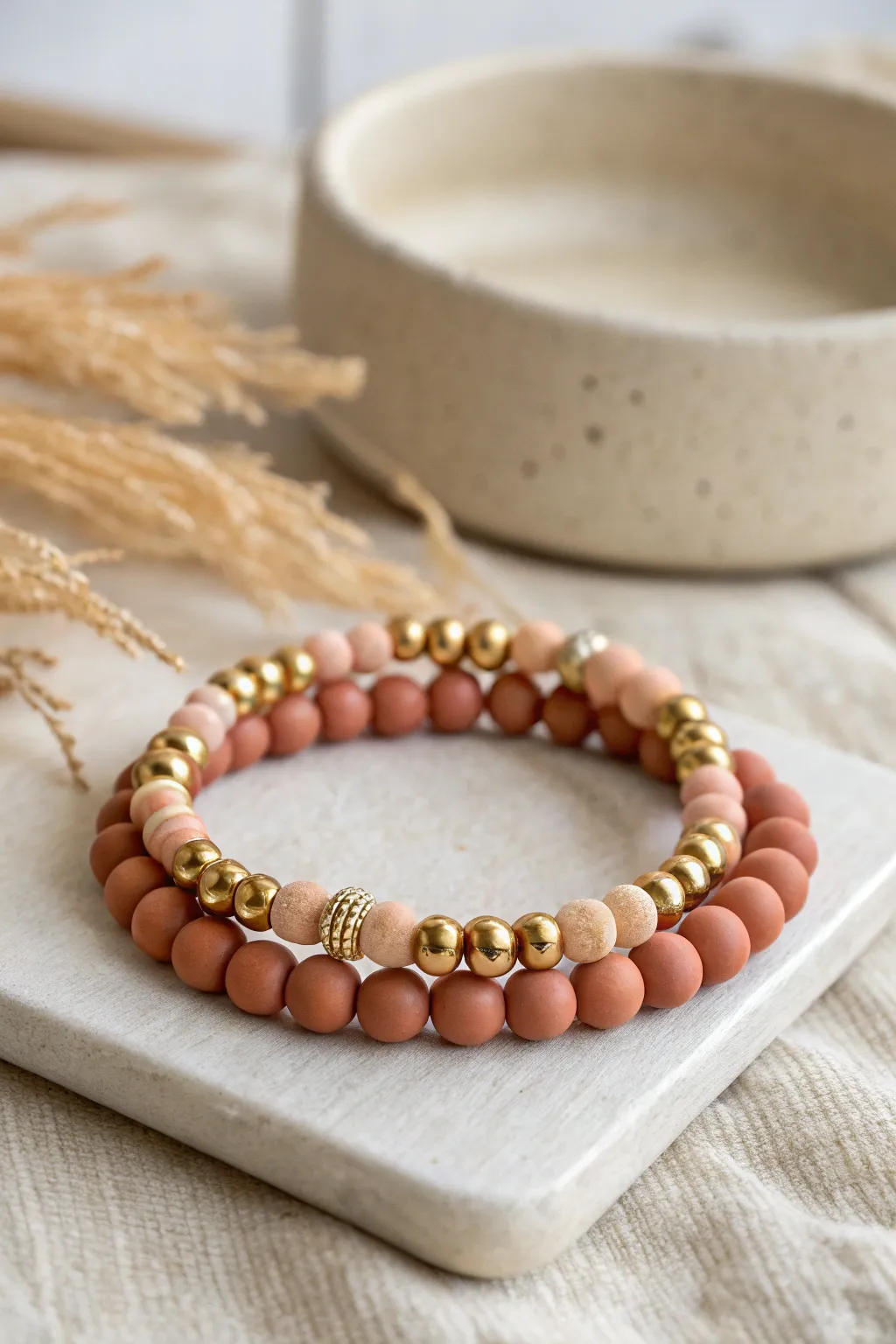 Gold spacer beads create a graceful rhythm, elevating a simple clay bracelet stack effortlessly.