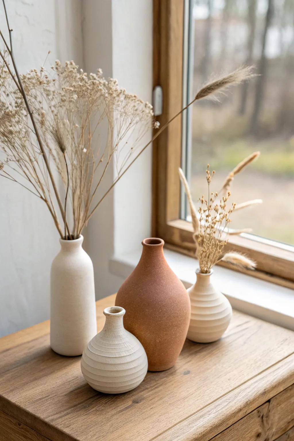 Three tiny handmade bud vases in soft daylight, minimalist shapes with a warm boho touch