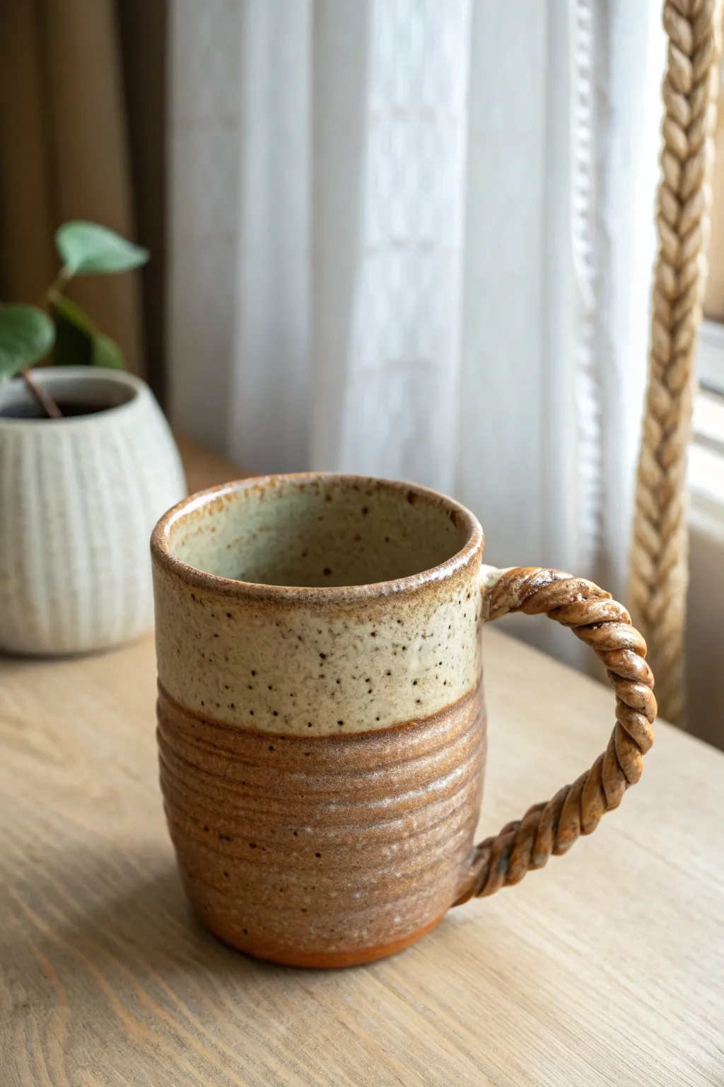 Twisted vine handle mug in warm earthy glaze—a simple, handmade statement for cozy mornings.
