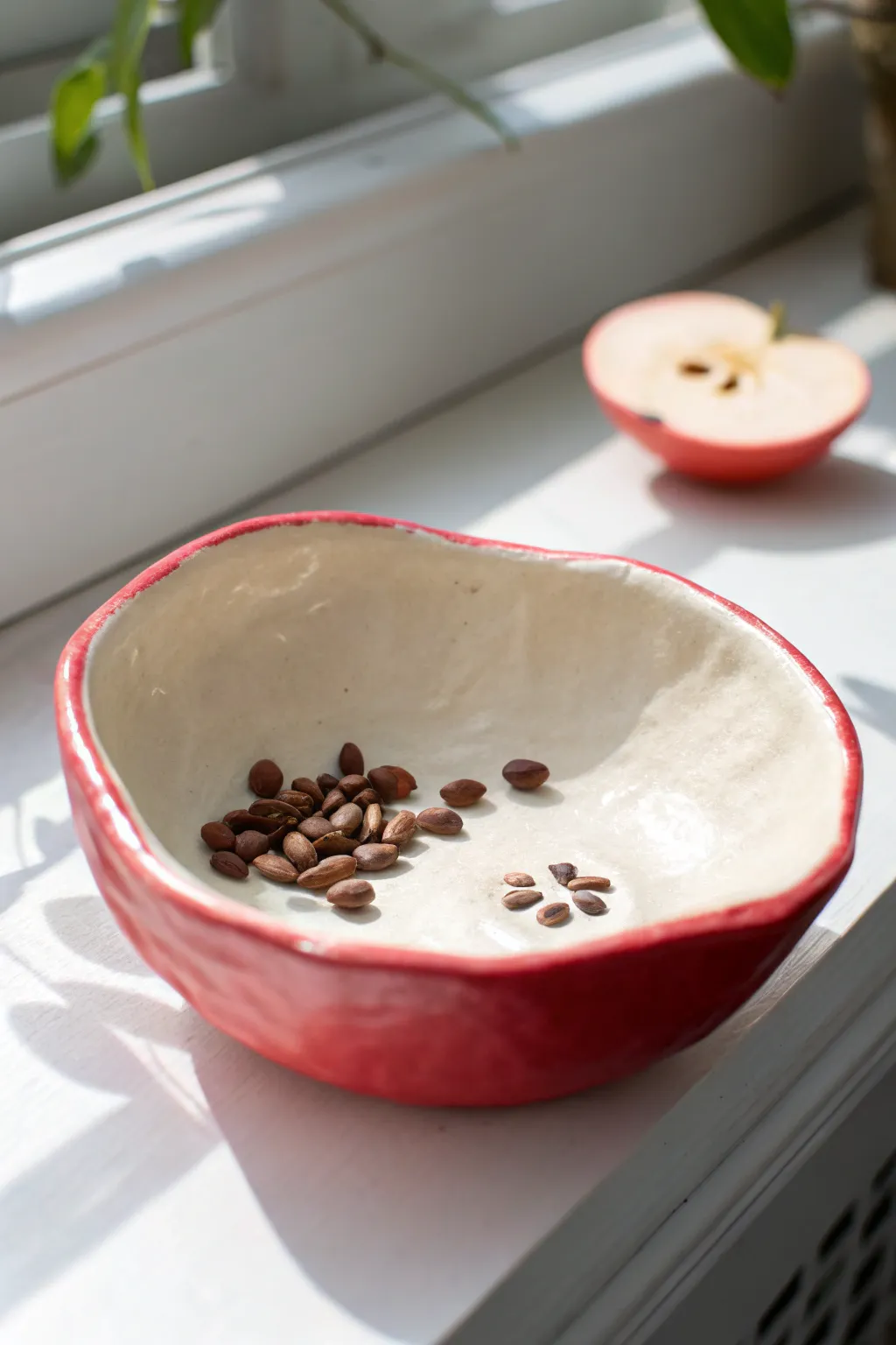 Apple slice pinch pot bowl with painted seeds, minimal and playful for cozy modern shelves
