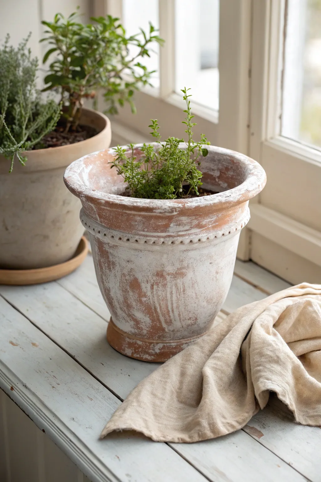 Distressed terracotta charm: soft whitewashed clay pot with greenery and linen for cozy vintage vibes