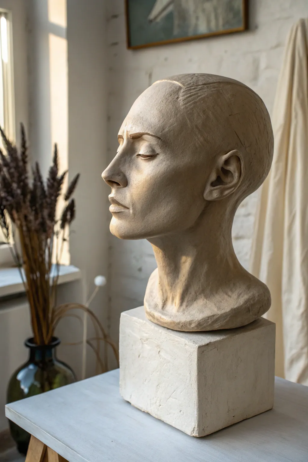 Beginner clay bust with strong planes, clean shadows, and a calm minimalist studio look