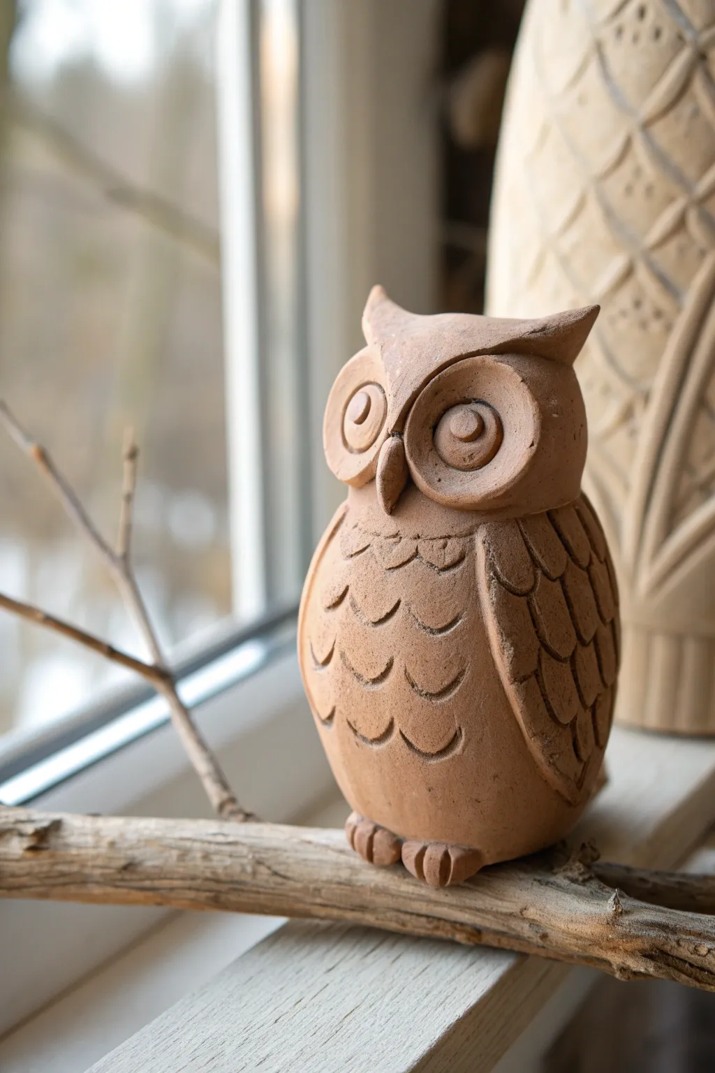 Easy clay owl with carved feather chevrons, perched on a simple branch base, minimalist charm.
