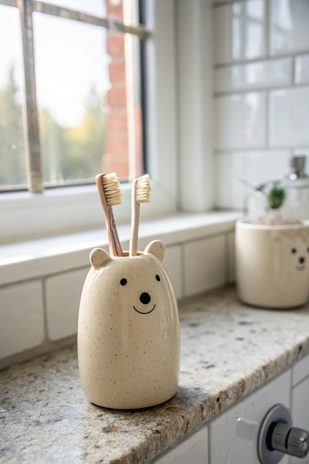 Cute animal clay toothbrush holder in a minimalist Scandinavian bathroom style with warm boho charm