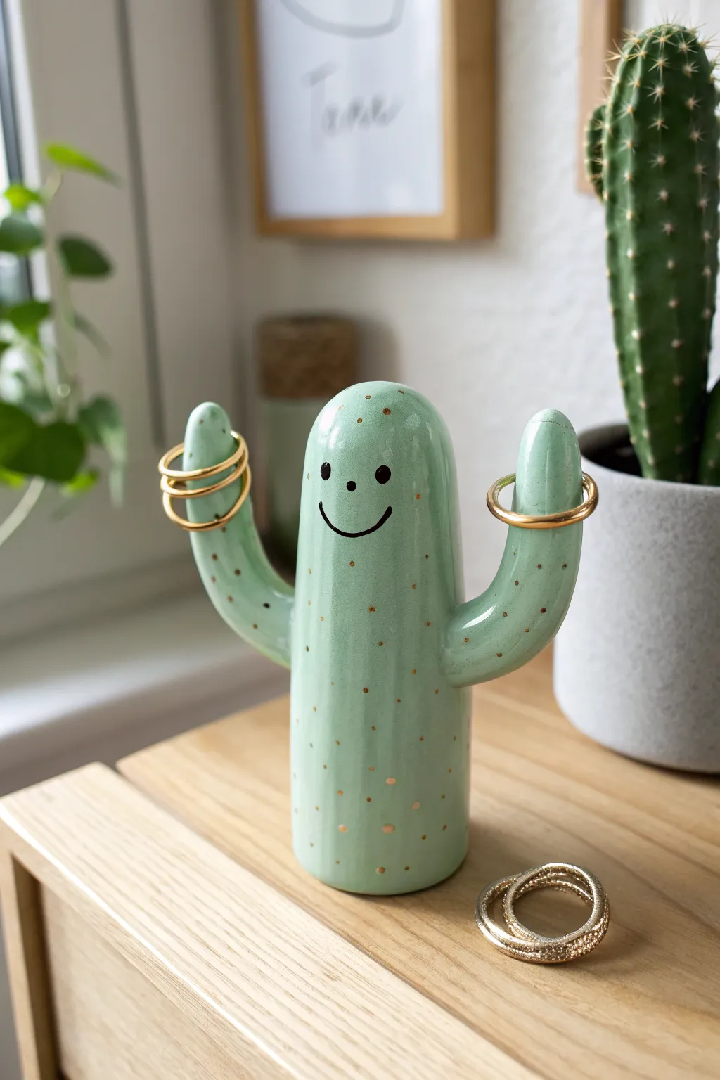 A smiling cactus ring holder that keeps your favorite rings tidy in calm minimalist style.