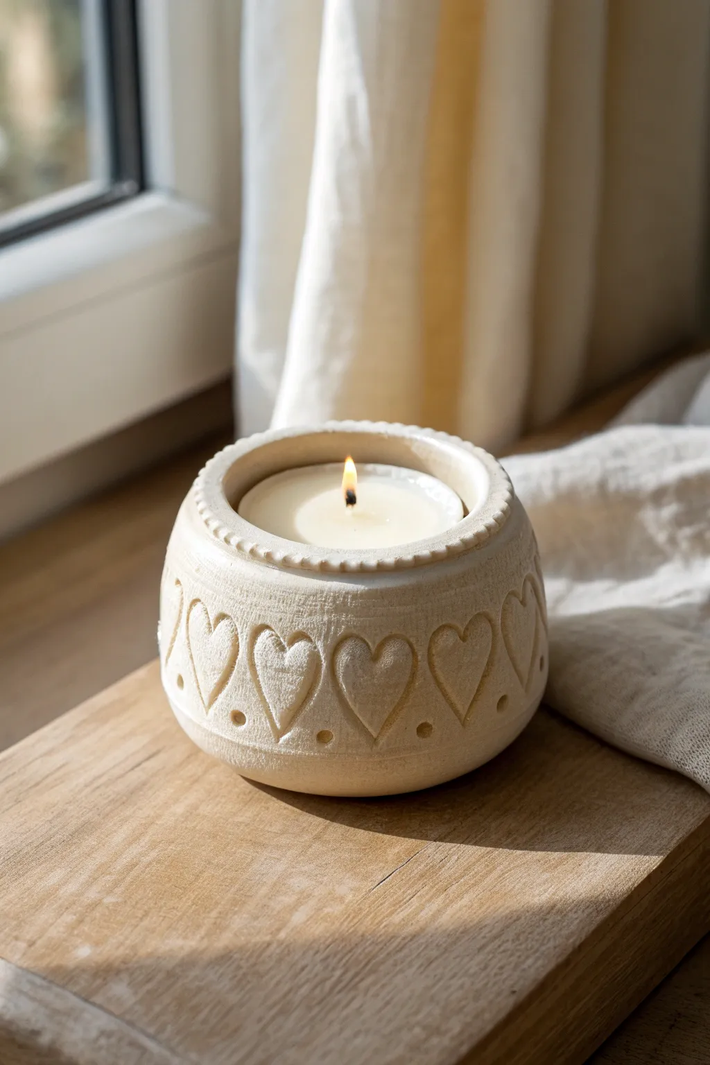 Cream coquette candle holder with tiny hearts and scalloped rim, cozy minimalist charm.