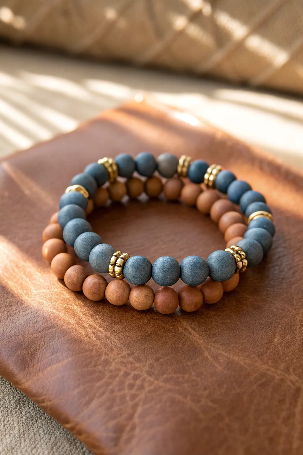 Denim blue and saddle tan clay bead bracelets stacked for an effortless country-chic layer