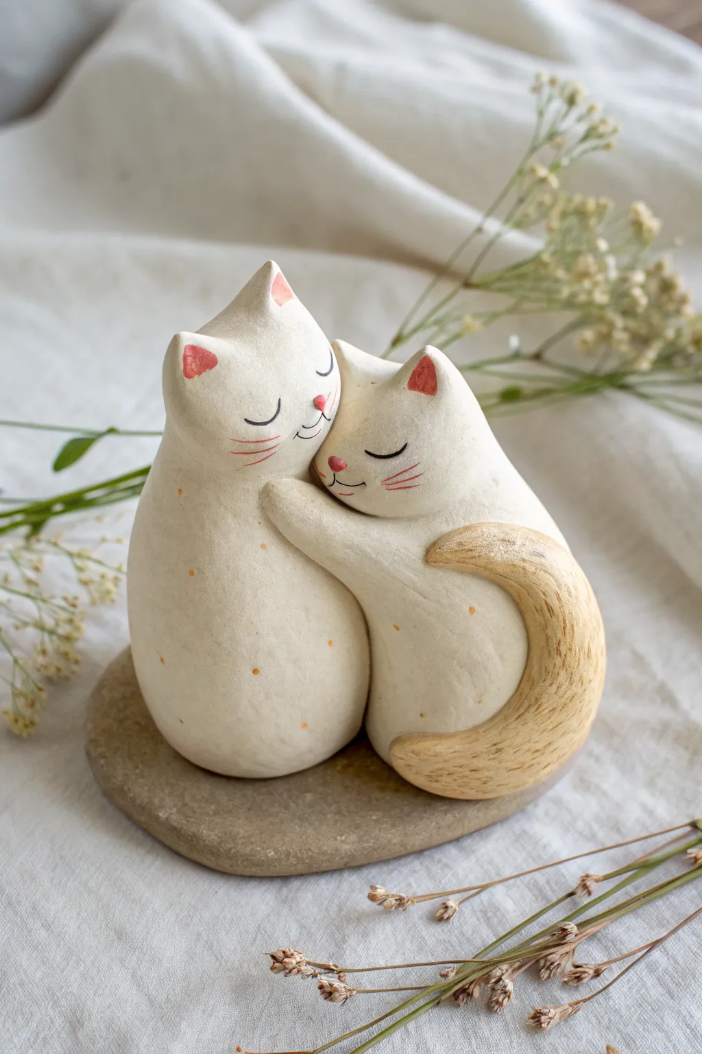 Minimalist cat couple cuddle sculpture, tails forming a heart in soft neutral tones.