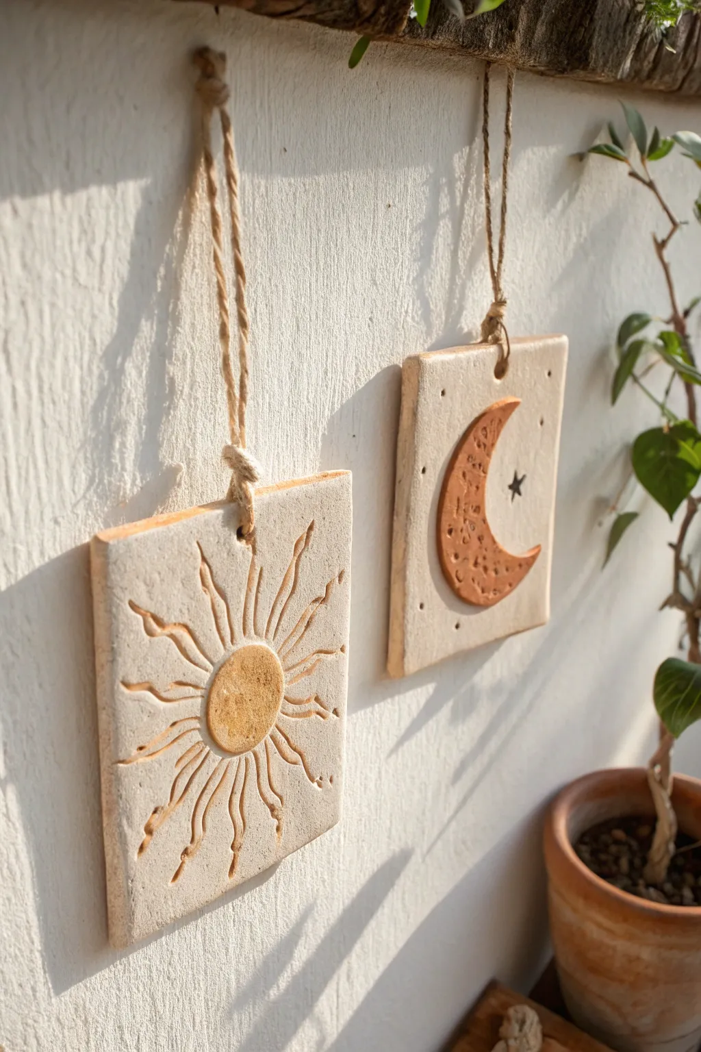 Sun and moon matching clay tiles hung side by side for a simple, romantic couples challenge