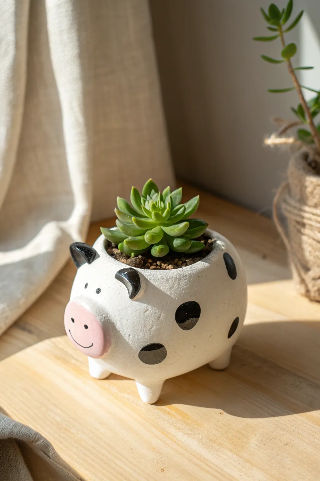 Cute cow clay planter with a tiny succulent, minimalist and boho-perfect for small spaces.