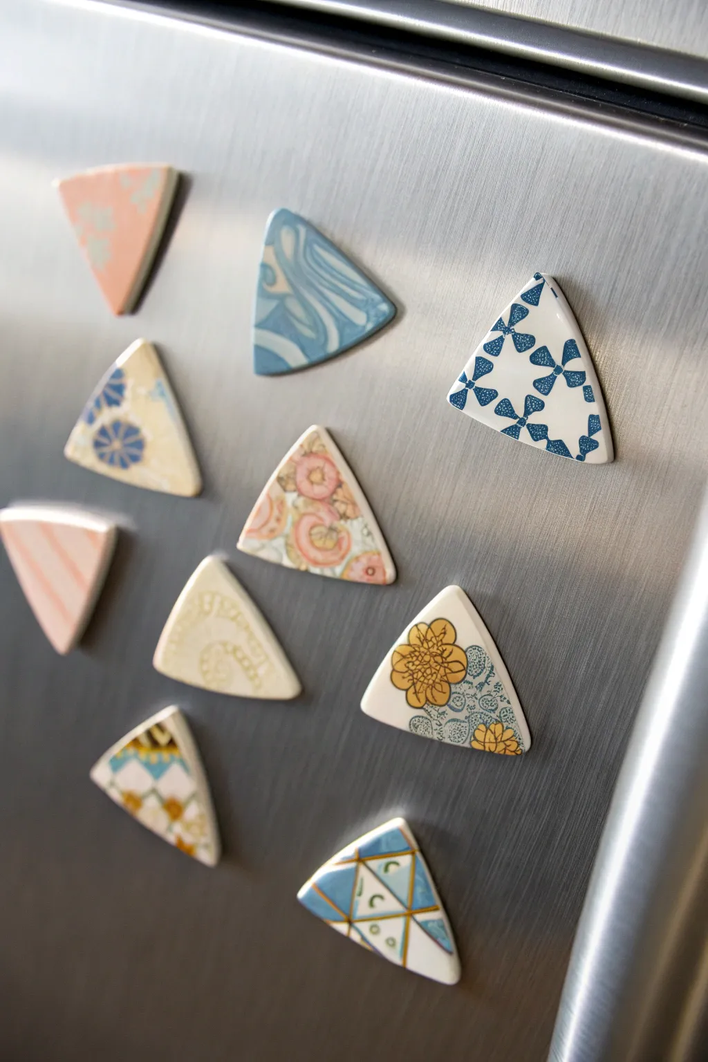 Smoothed china shard magnets with soft blue and blush patterns on brushed steel, simple and chic.