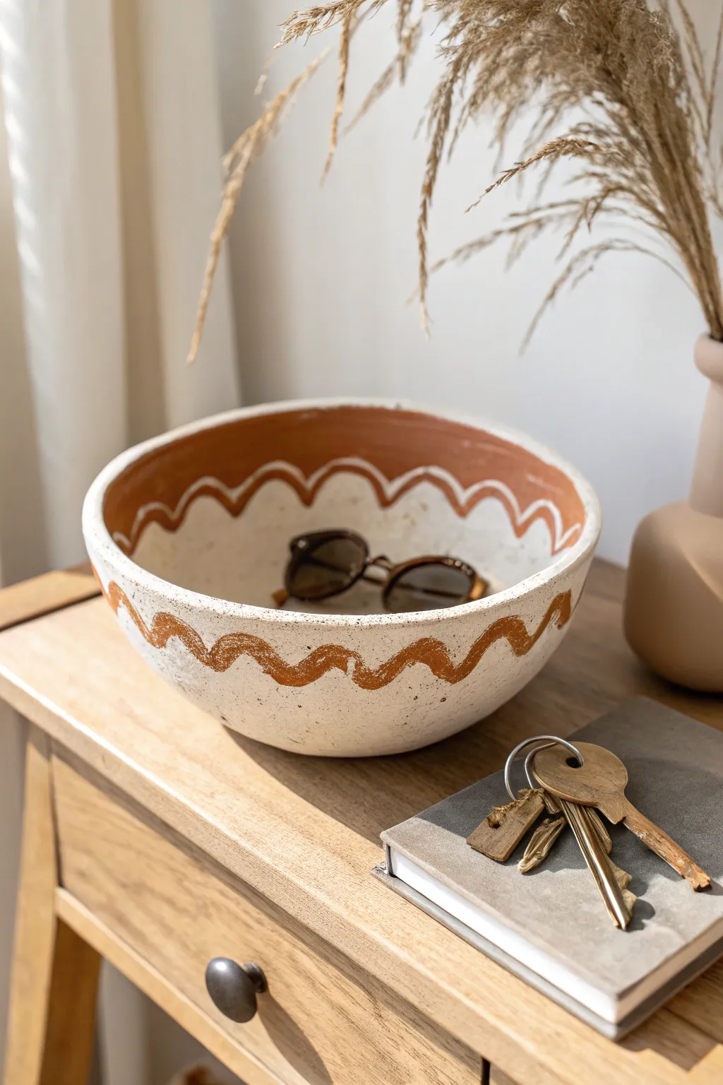 Wavy two tone air dry clay catchall bowl that elevates keys and sunnies in a calm entryway