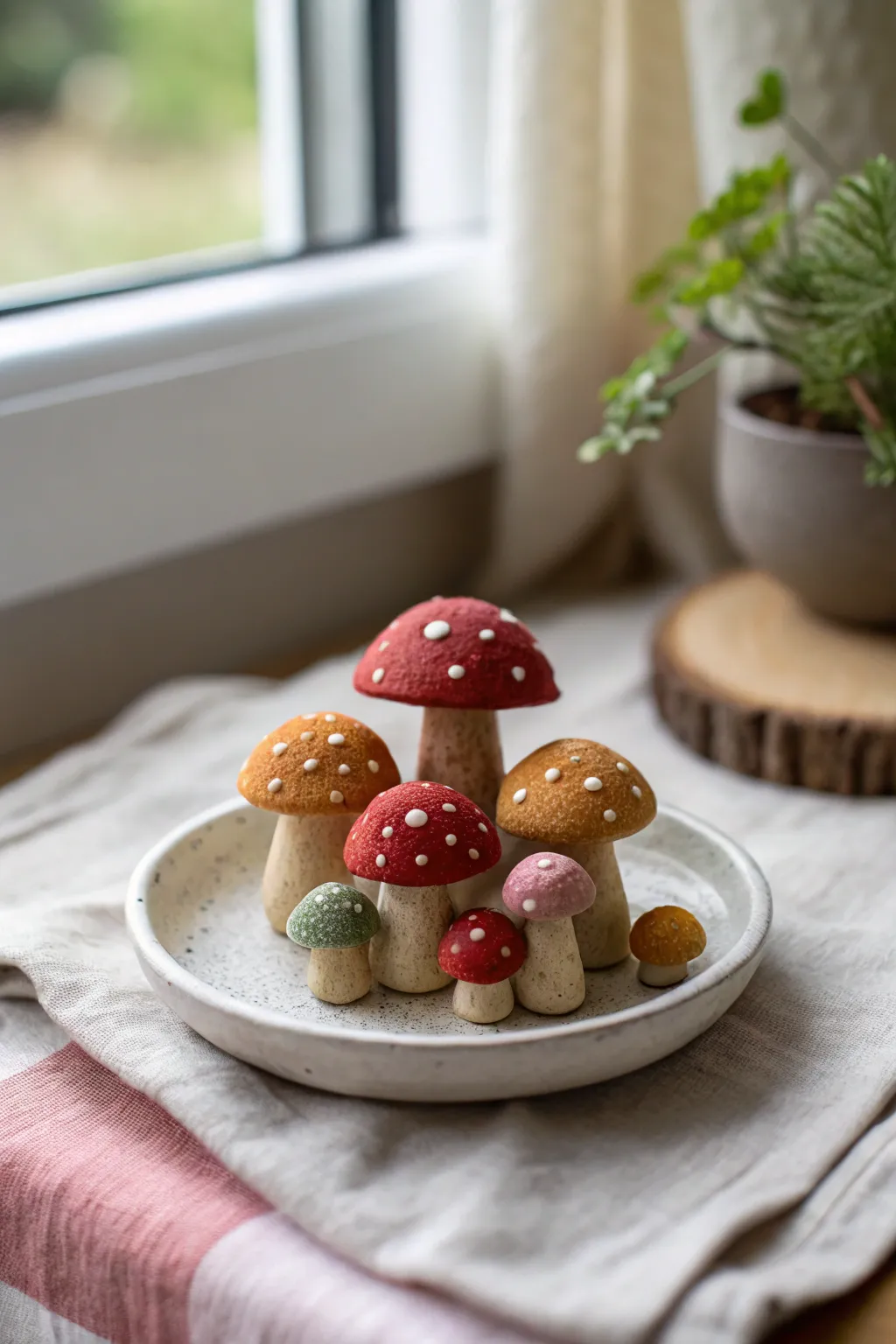 Whimsical mini clay mushroom forest in soft pastels, perfect for cozy Scandinavian boho decor.