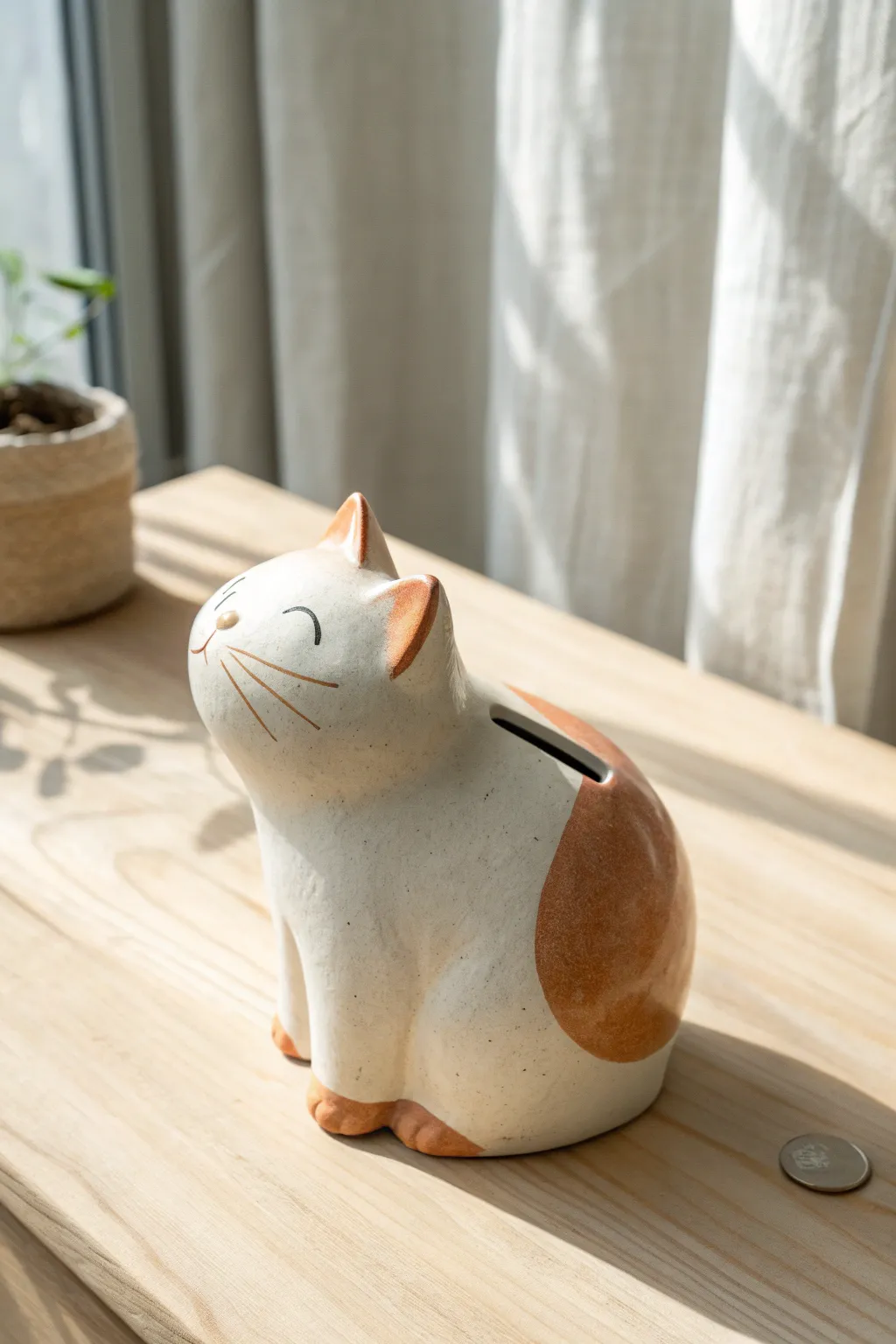 Minimalist cat clay bank with a tail-base coin slot, cozy two-tone finish and warm natural light