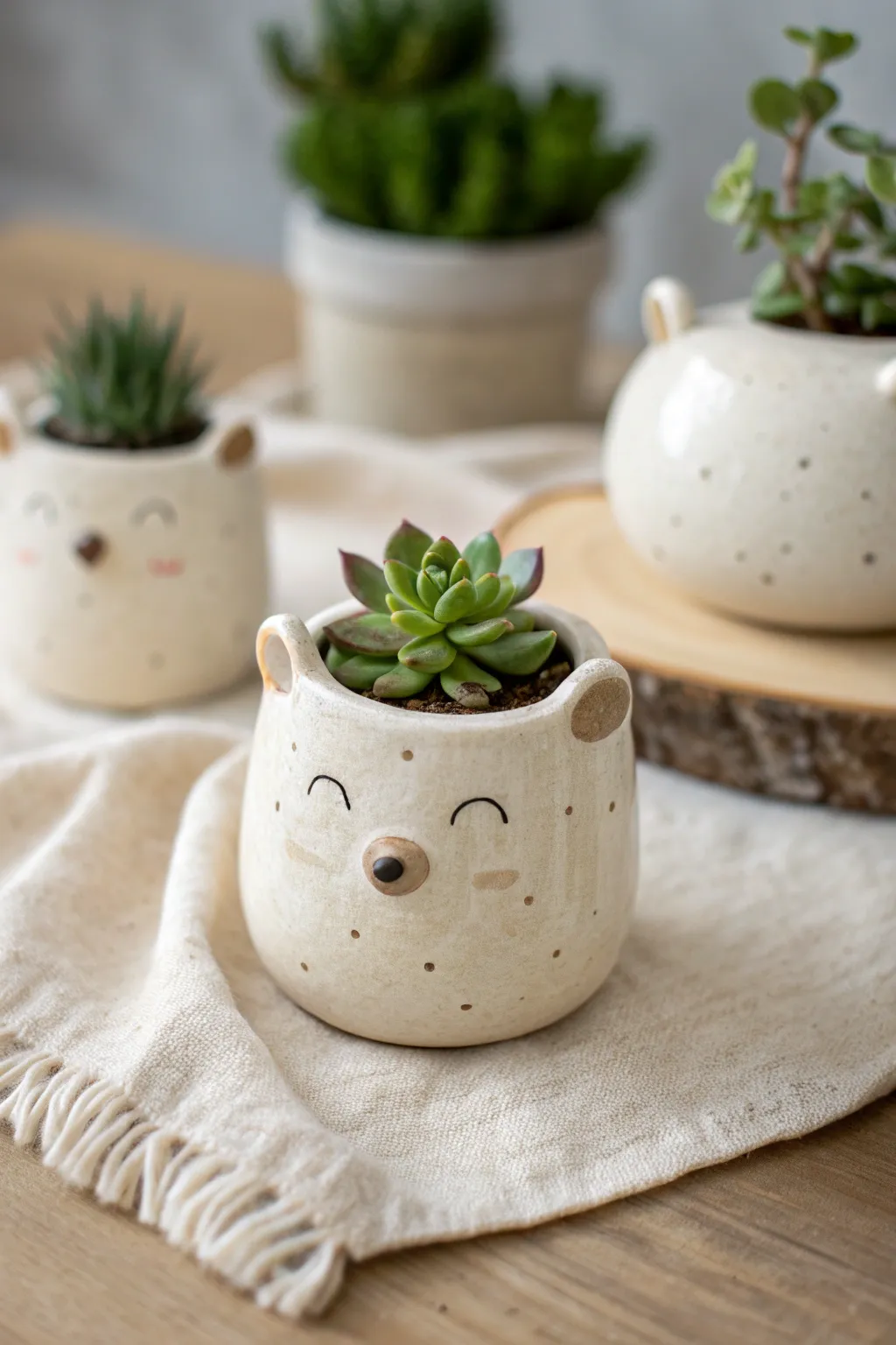 Whimsical handbuilt animal planter with a tiny succulent, simple clay charm for cozy shelves.