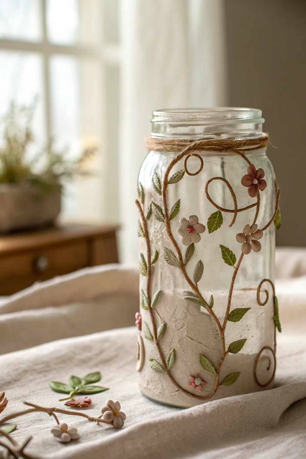 Minimal glass jar wrapped in clay vines and tiny blooms for a soft Scandinavian boho look
