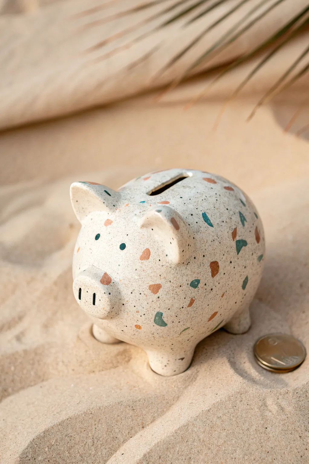 Speckled terrazzo piggy bank in soft neutrals, playful confetti bits, minimalist charm.
