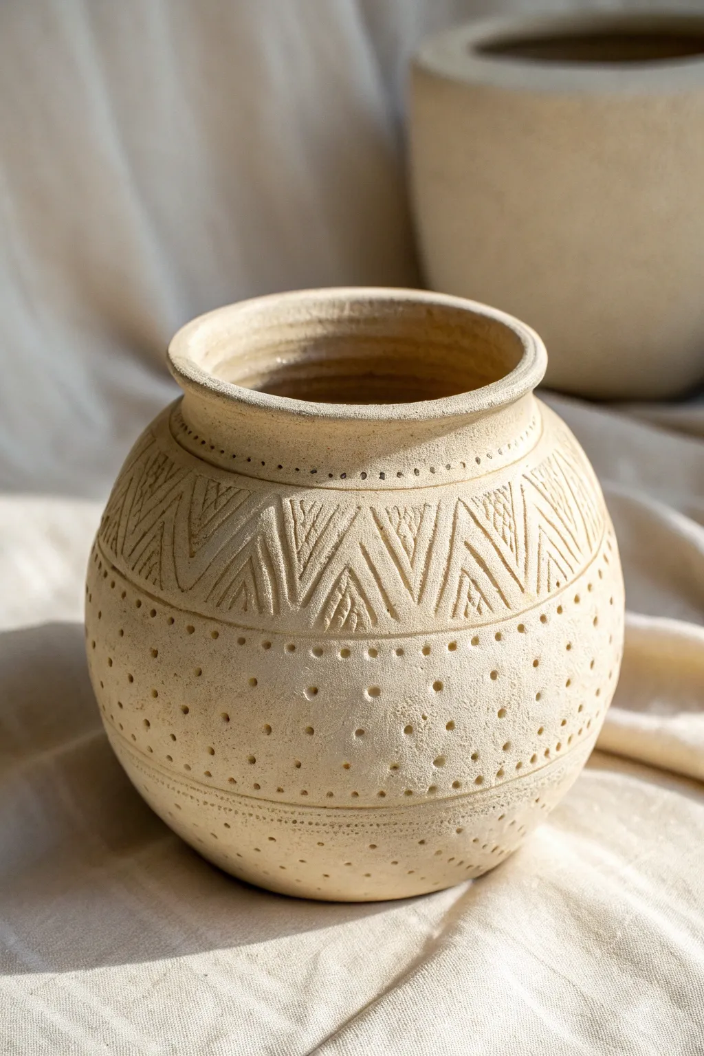Stamped texture clay pot in soft neutrals, simple boho-minimal style with crisp pattern contrast