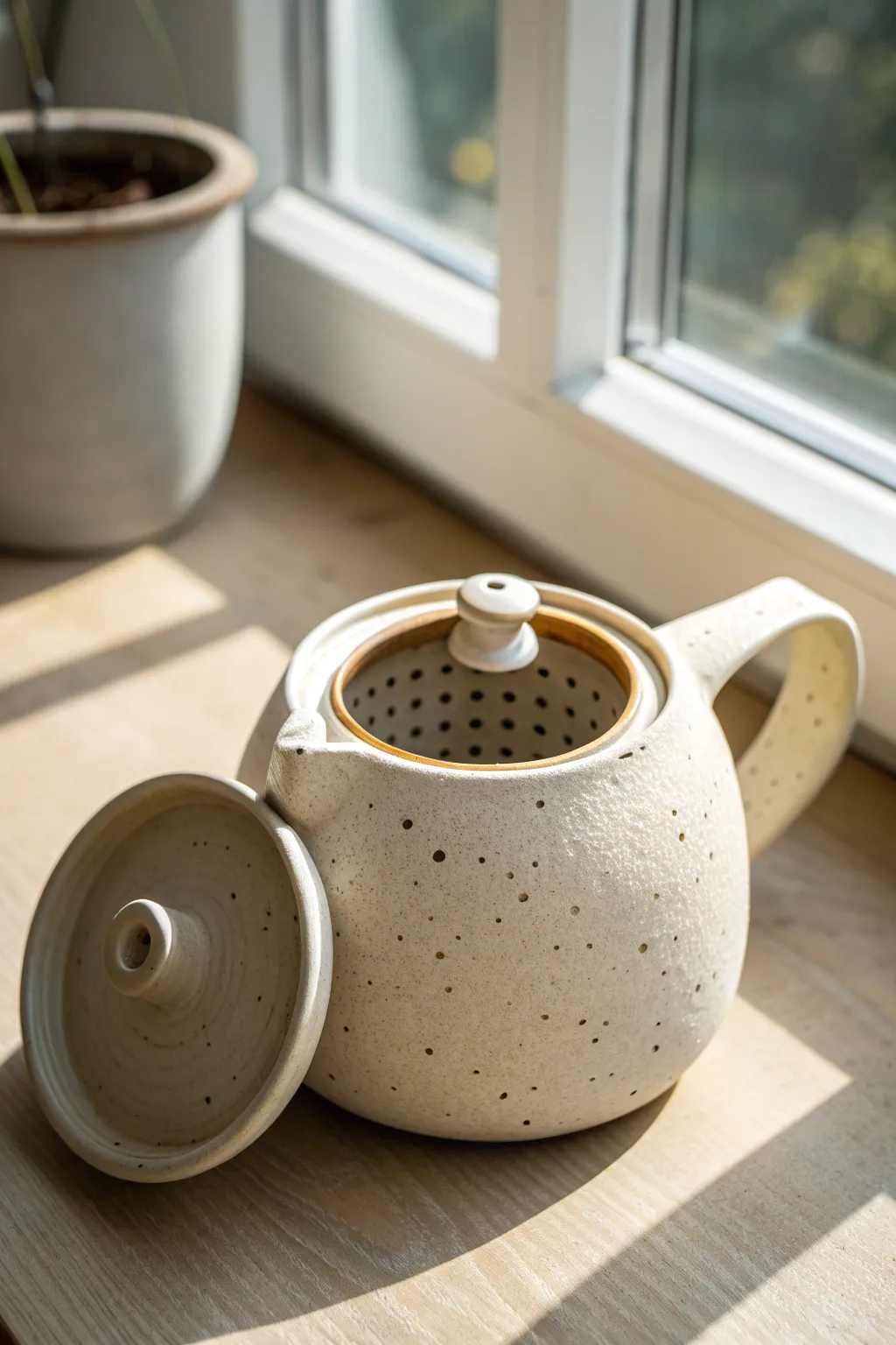 Minimal handmade teapot with a built-in loose-leaf infuser, lid lifted to reveal the strainer.