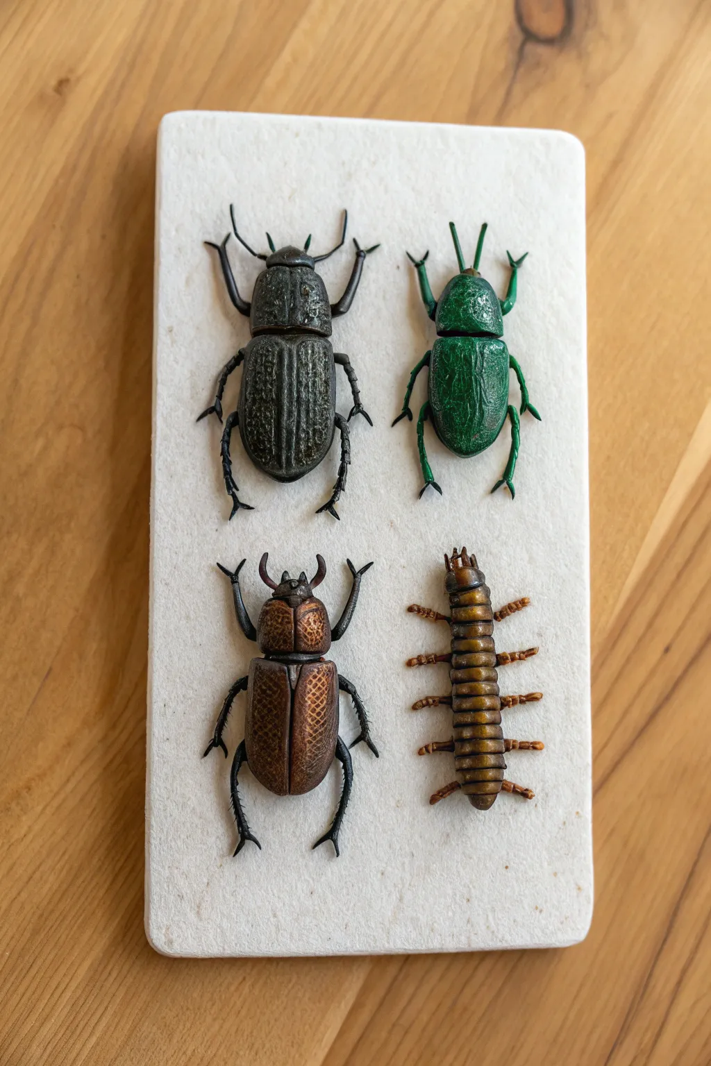 Dark metallic clay bug magnets arranged like a minimalist specimen set for creepy-cute decor.