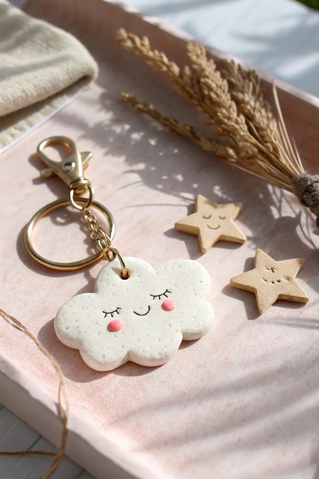 Puffy cloud and star air clay keychain tag with rosy cheeks, minimalist and sweet.