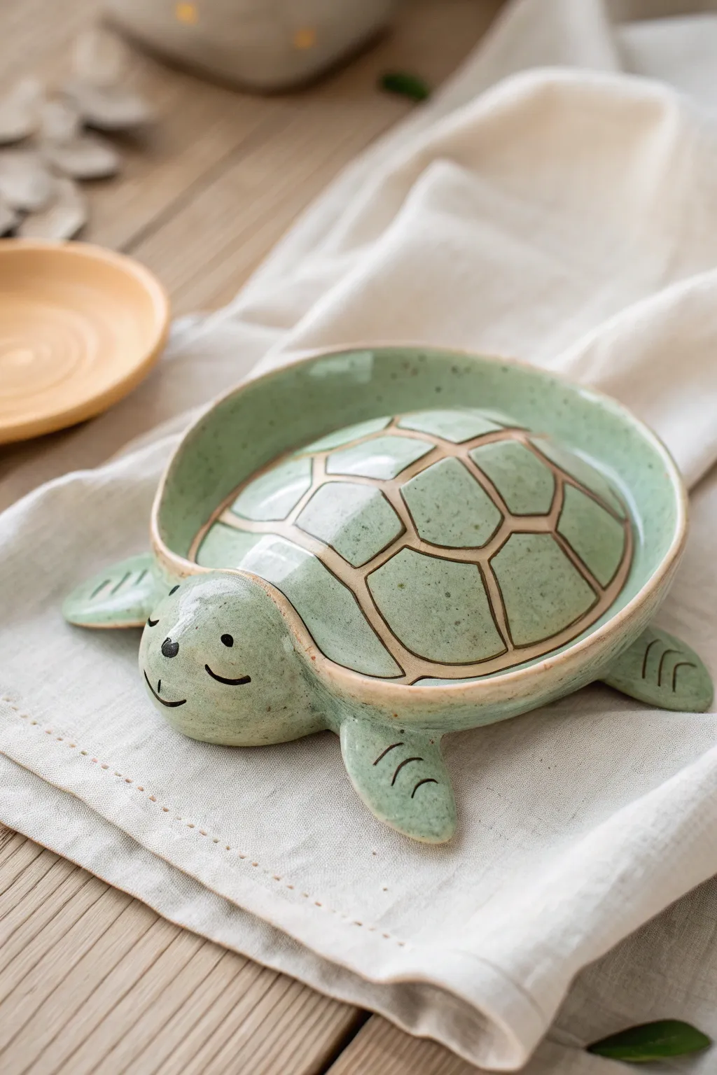 Sleepy turtle trinket dish in soft greens and warm neutrals, simple, cute, and handmade.