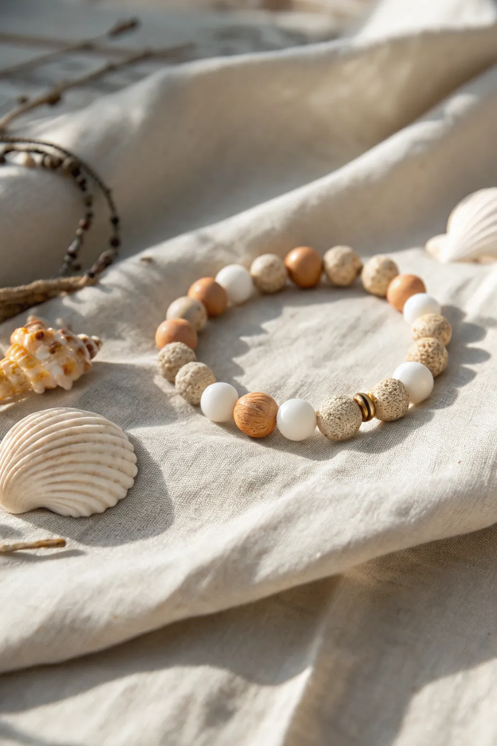 Sand-and-foam clay bead bracelet styled on linen with a tiny shell for soft coastal minimalism.