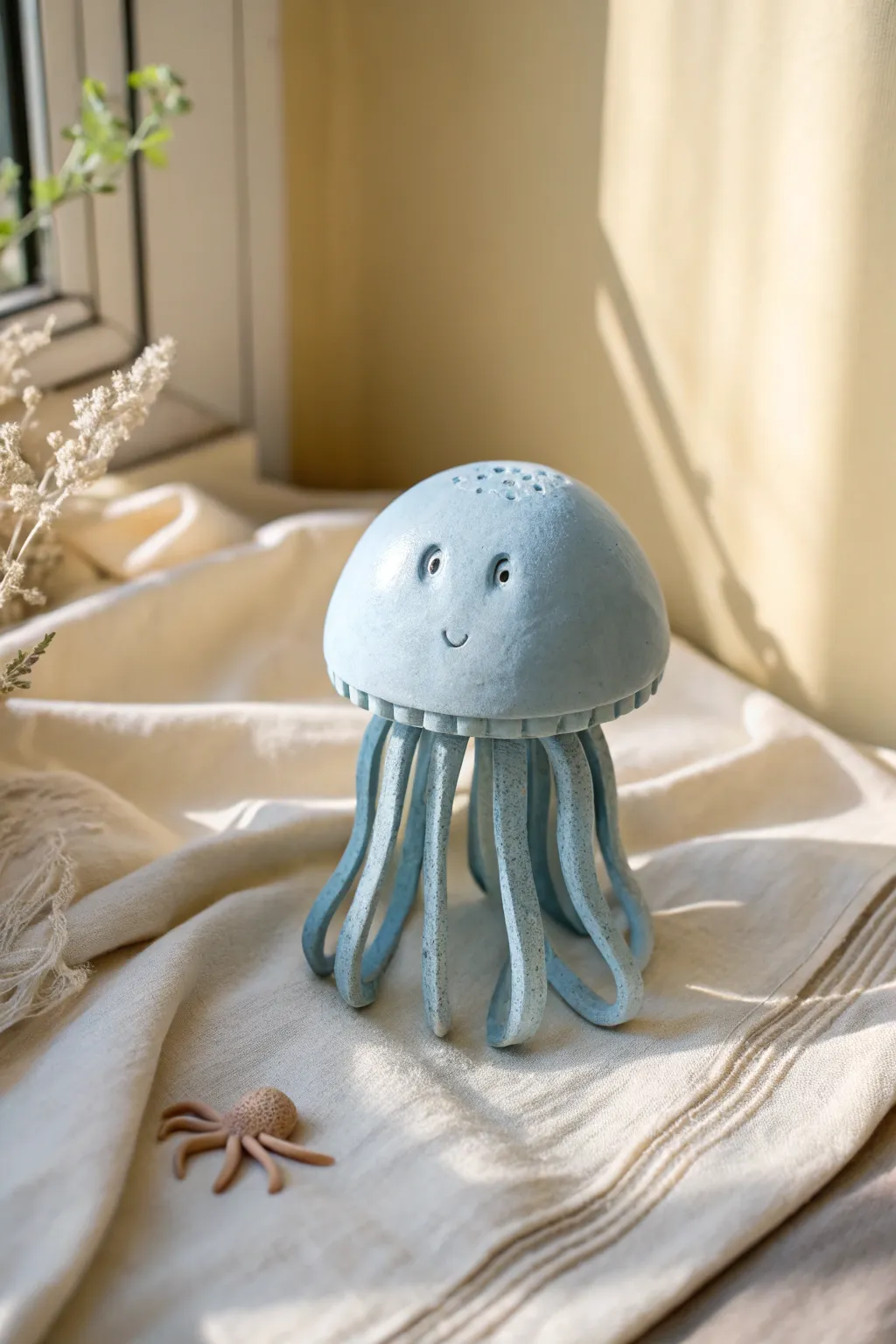 A cute light blue clay jellyfish with evenly dangly tentacles, styled in soft minimalist tones.