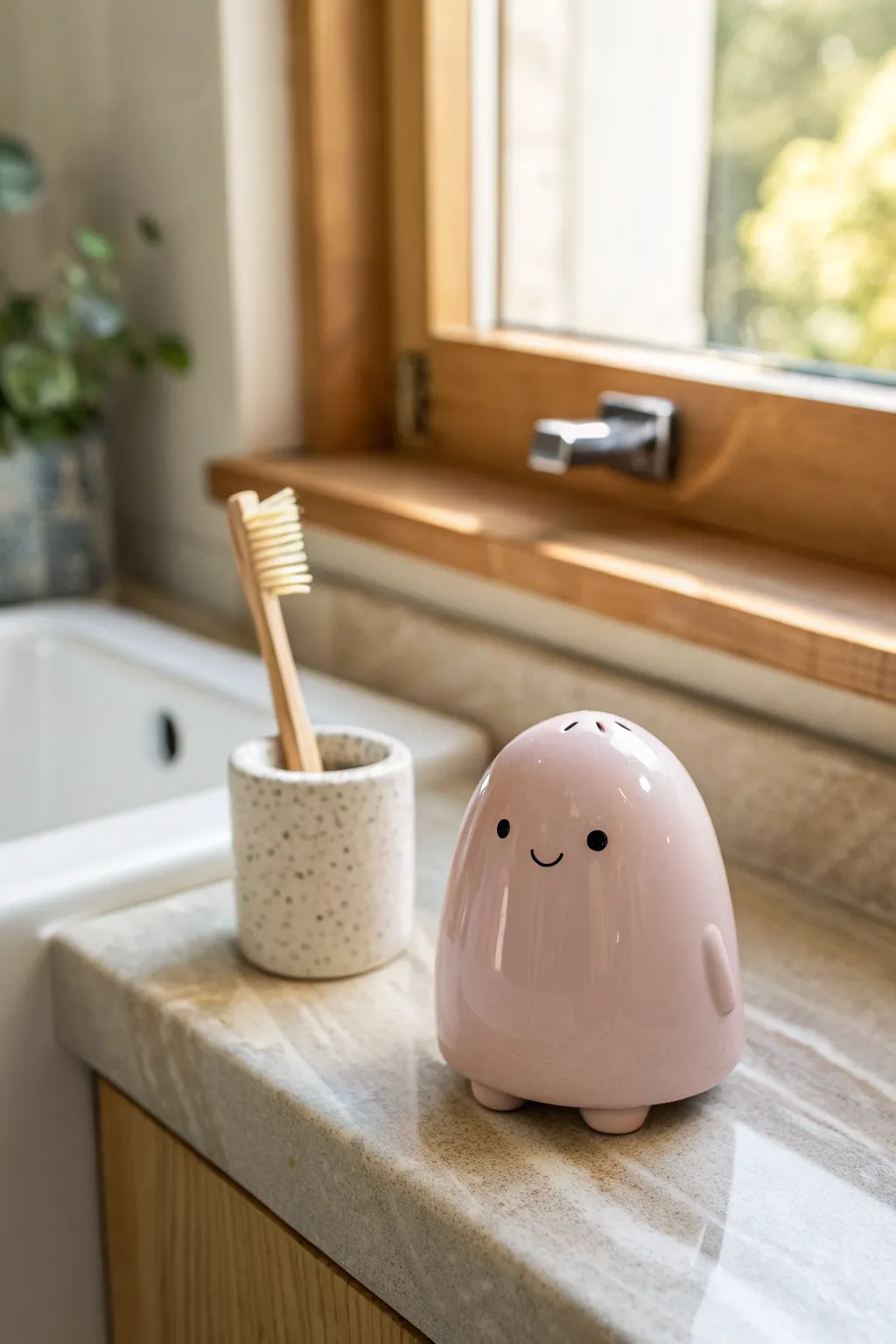 A sweet pastel blob creature toothbrush holder, minimalist and handmade for a calm, cute bathroom vibe.
