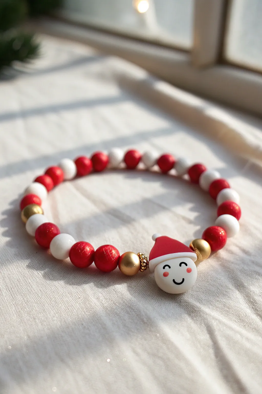 Minimal clay bead bracelet with a Santa hat smiley centerpiece in red, white and gold.