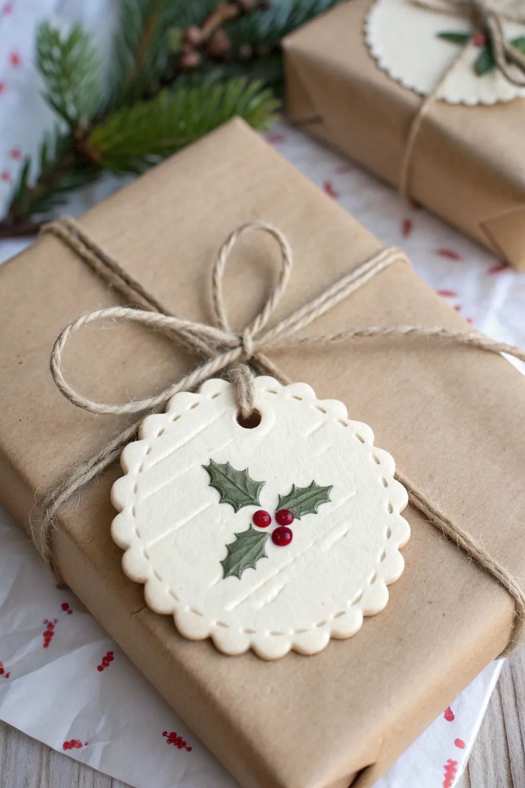 Minimal handmade clay gift tag with holly accents and twine for cozy Christmas wrapping