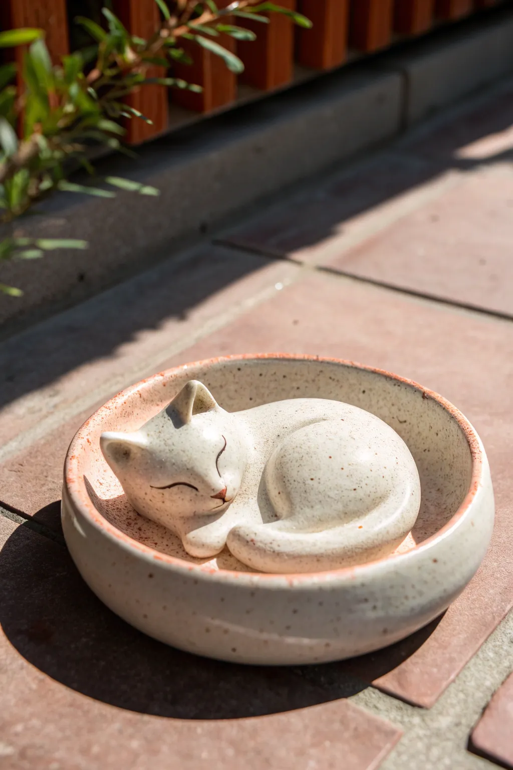 Sleeping cat curl ashtray with glossy rim and tail notch, simple handmade charm in cozy minimal style