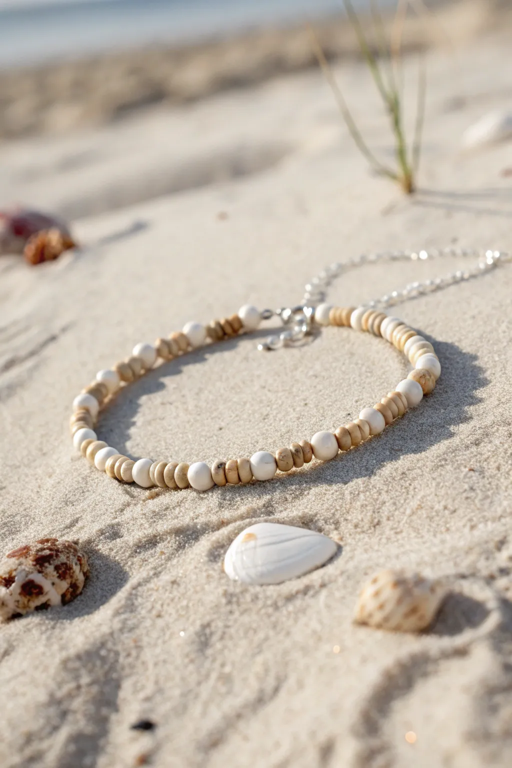 Puka shells and creamy heishi beads for a breezy beach bracelet with simple, handmade charm.