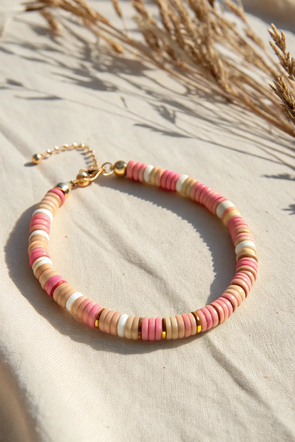 Candy stripe clay heishi bracelet in blush and ivory, an easy two-color repeat for beginners.