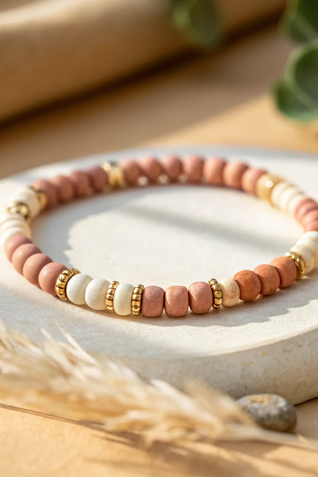 Tiny gold spacers sprinkled through heishi beads for an easy, chic bracelet that pops on Pinterest.