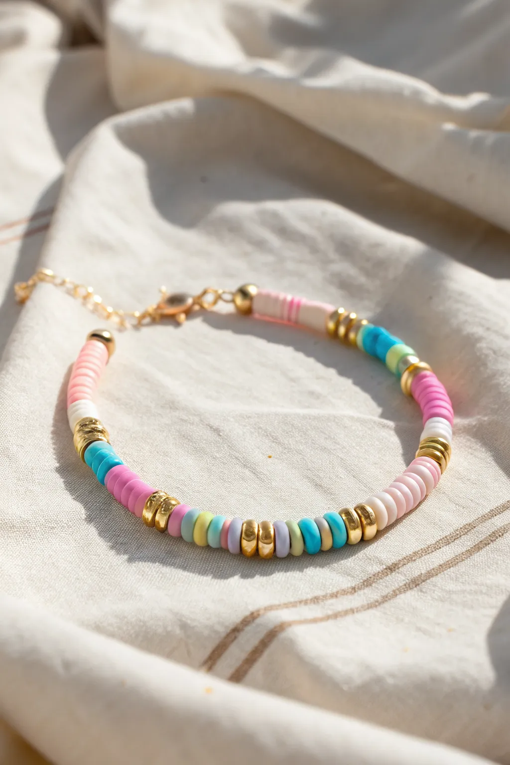 Summer heishi bracelet with tiny gold spacers for a clean, minimalist boho pop