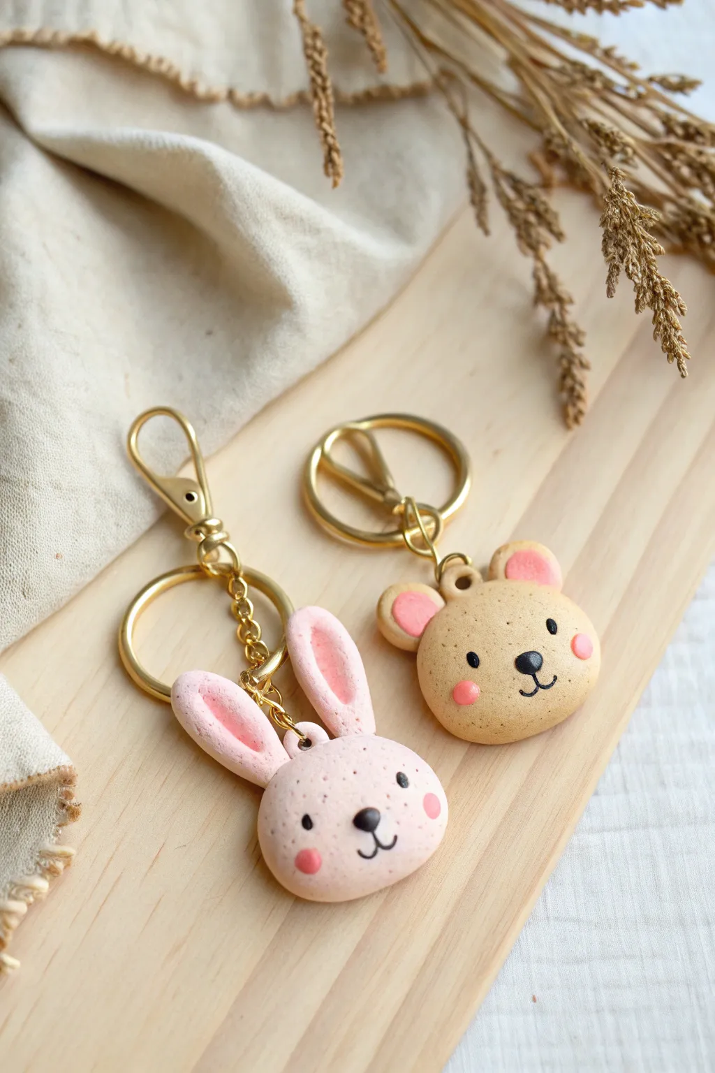 Sweet bunny and bear clay head charms in soft pastels, styled on light wood for cozy minimal decor.