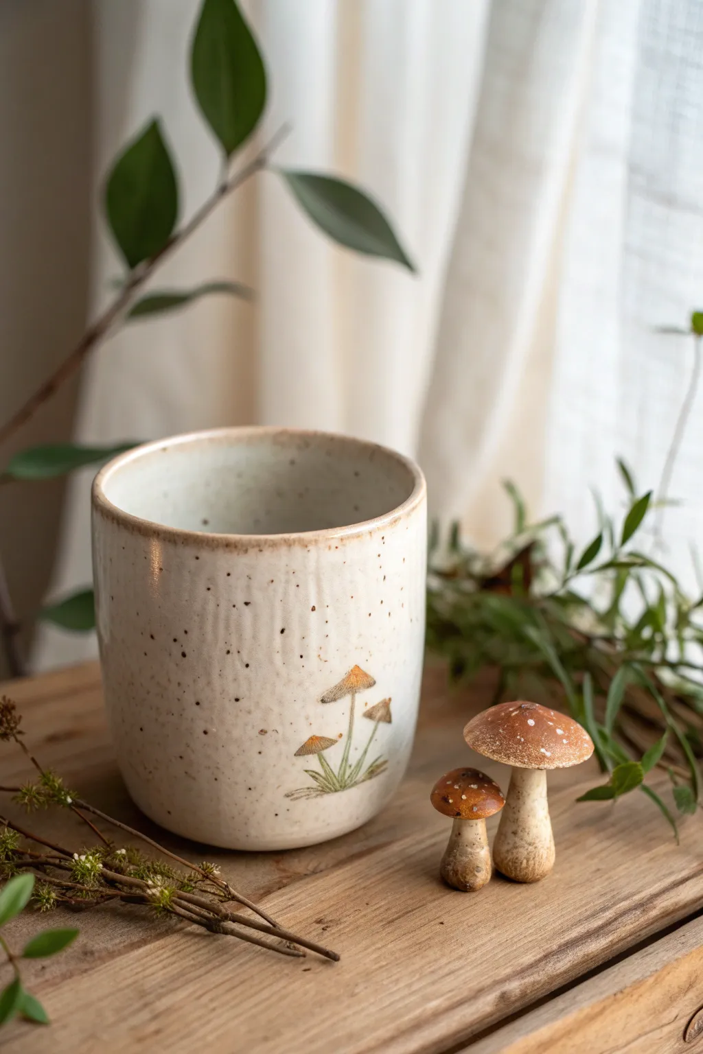 Mushroom garden cup in earthy pastels, a cozy woodland touch for your next cute clay project.