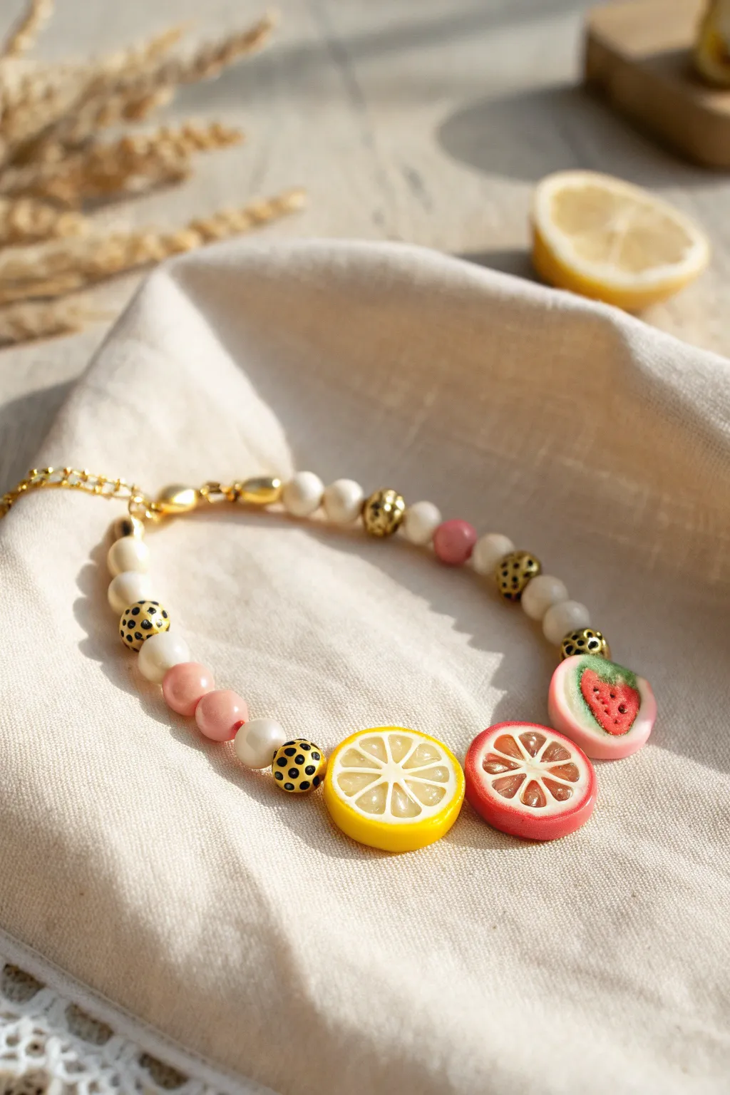 Sweet fruit slice focal beads make this pastel clay bracelet feel playful, fresh, and handmade.