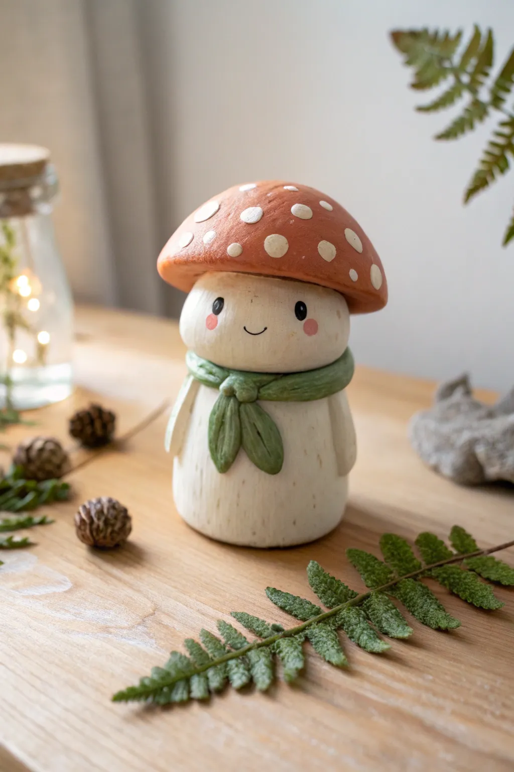 Cozy clay mushroom sprite with a leaf scarf, minimalist forest charm in warm natural light