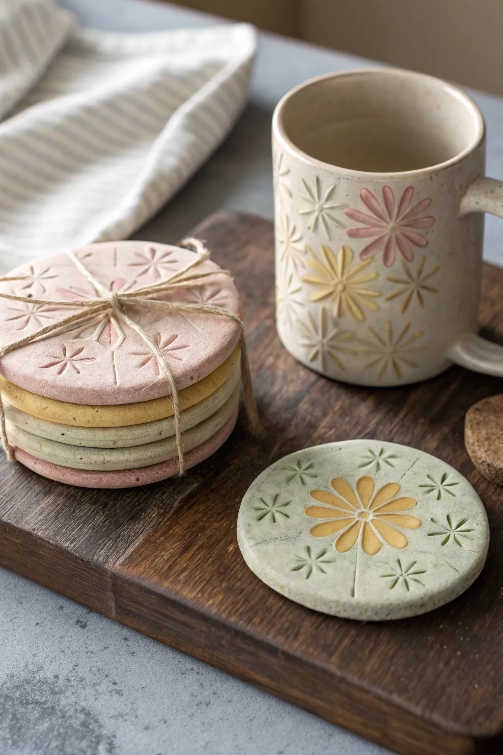 Sweet daisy and starburst clay coasters tied with ribbon, a cheerful handmade gift set.