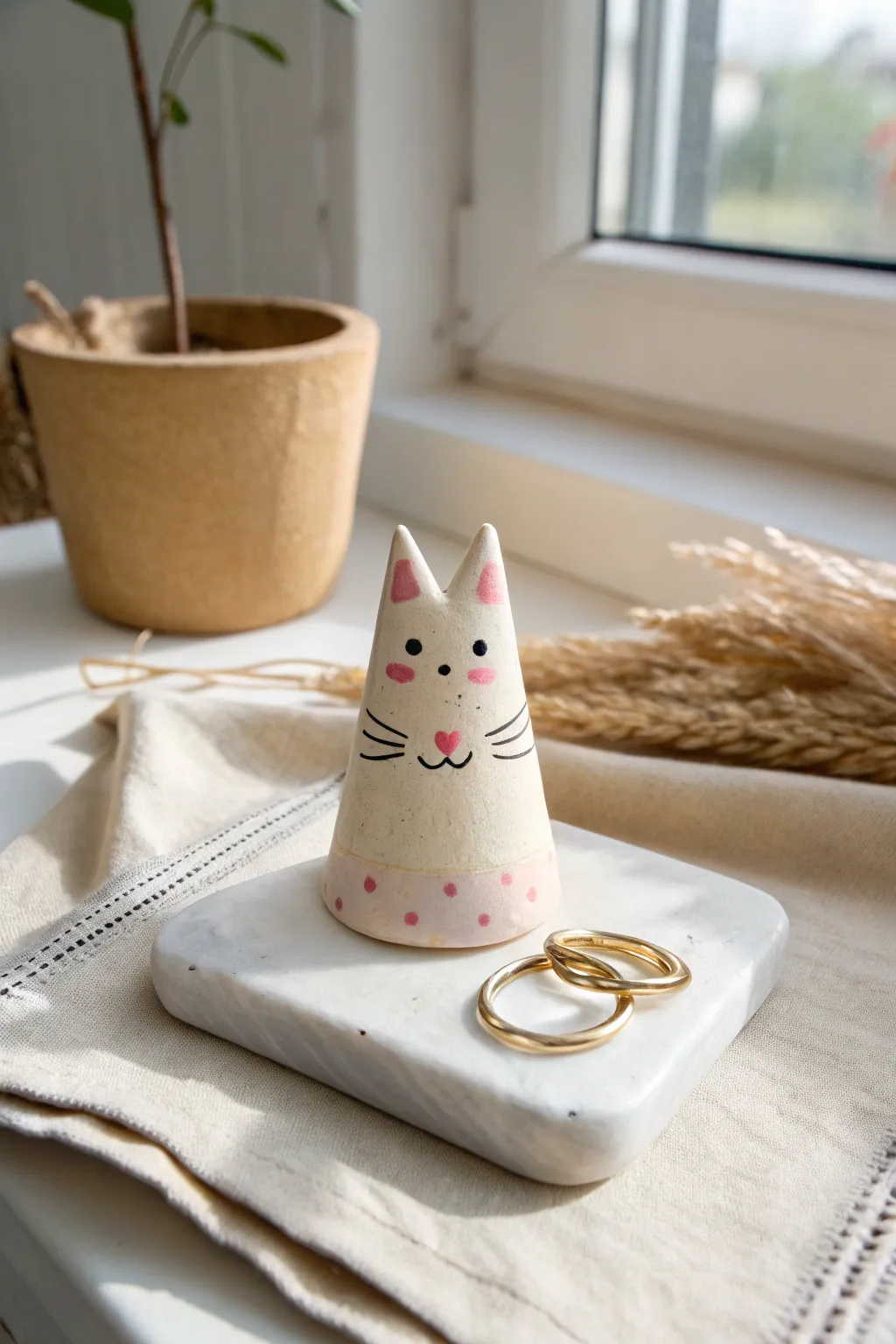Sweet little cat ring cone in soft neutrals, a minimalist boho accent that stores rings beautifully.