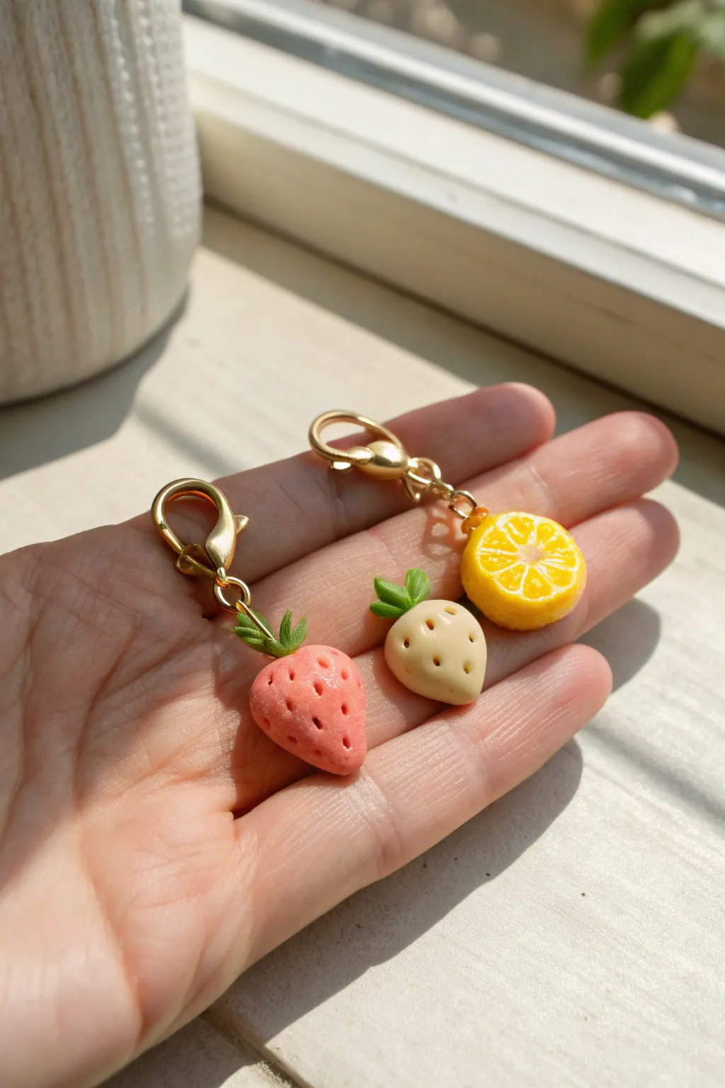 Tiny handmade fruit charm trio in soft Scandinavian light, minimalist details, irresistibly cute.