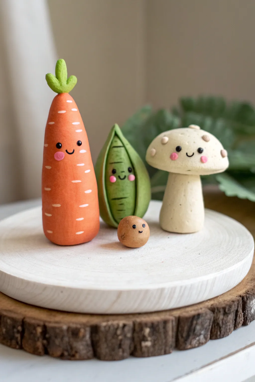 Huggable veggie pals in clay: a sweet carrot, pea pod, and mushroom trio for kids to love.