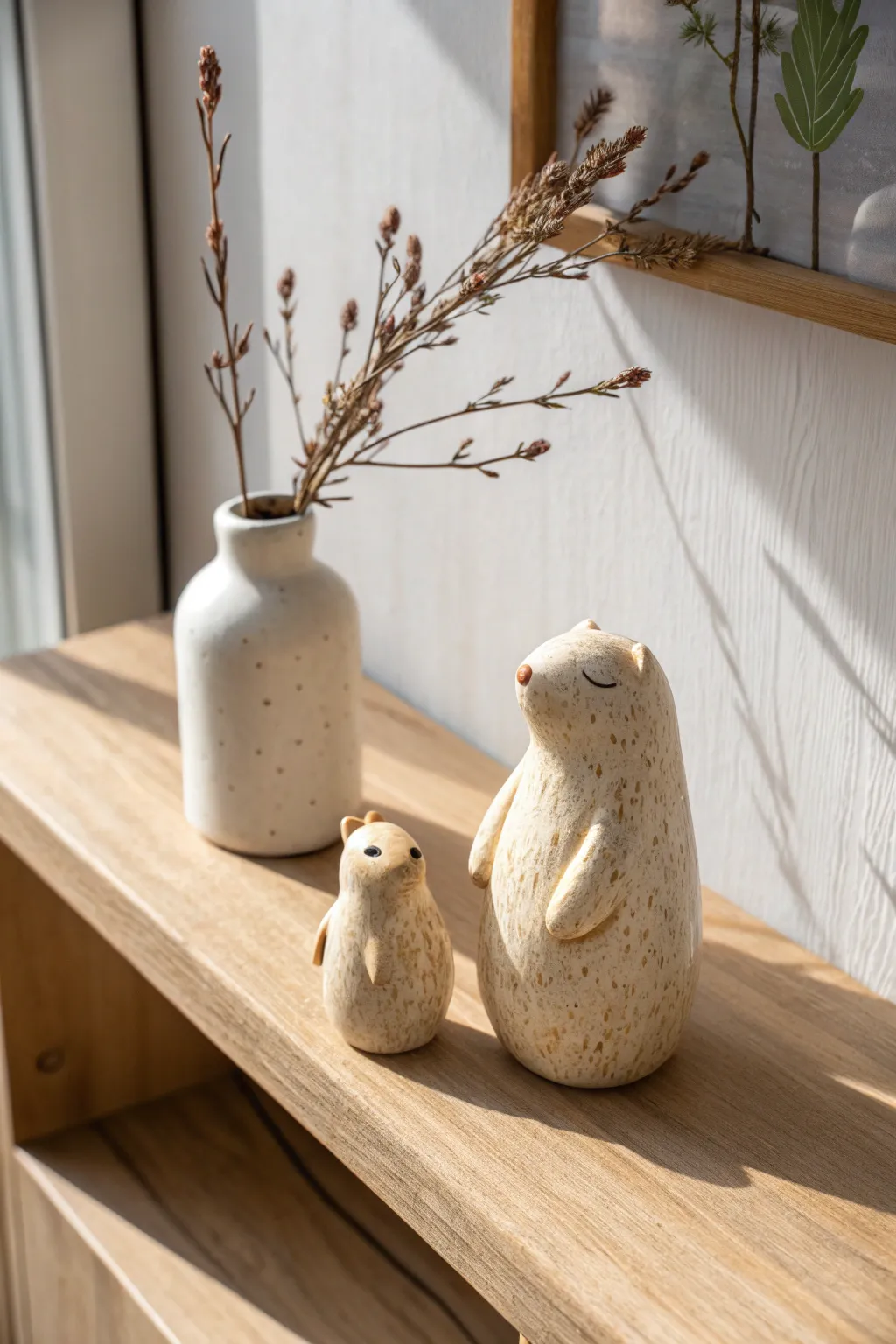 Sweet mom and baby clay figurine, styled with a tiny flower for a cozy Mothers Day shelf.