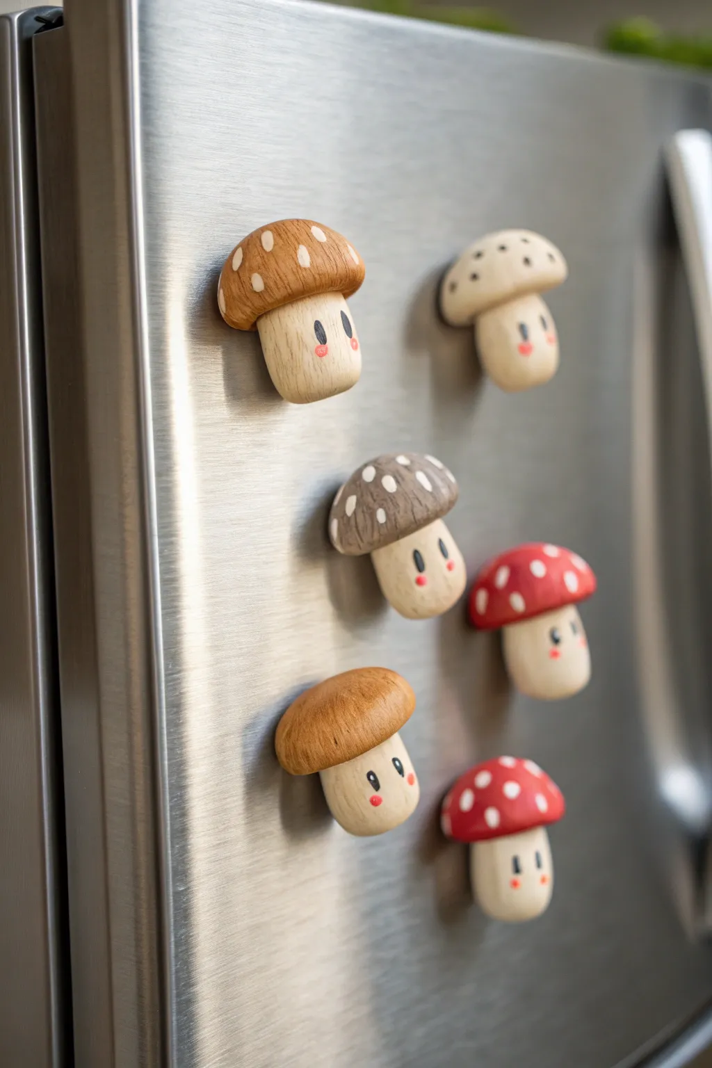 Tiny mushroom magnet minis in soft earthy hues, neatly gridded for cozy Scandinavian charm.
